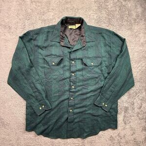 Vintage Green Plaid Flannel Button Up Shirt Northwest Blue Mens L Flap Pockets